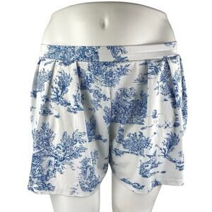 Yozy Blue White Scenic Print Pleated High Rise Mini Wide Leg Casual Shorts Sz L
